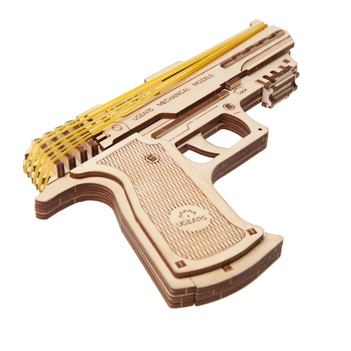 ugears-wolf-01-handgun-pistola-meccanica-in-legno-con-elastici image 2