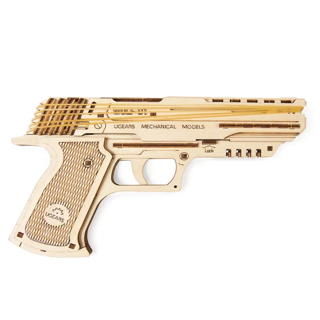 ugears-wolf-01-handgun-pistola-meccanica-in-legno-con-elastici image 1
