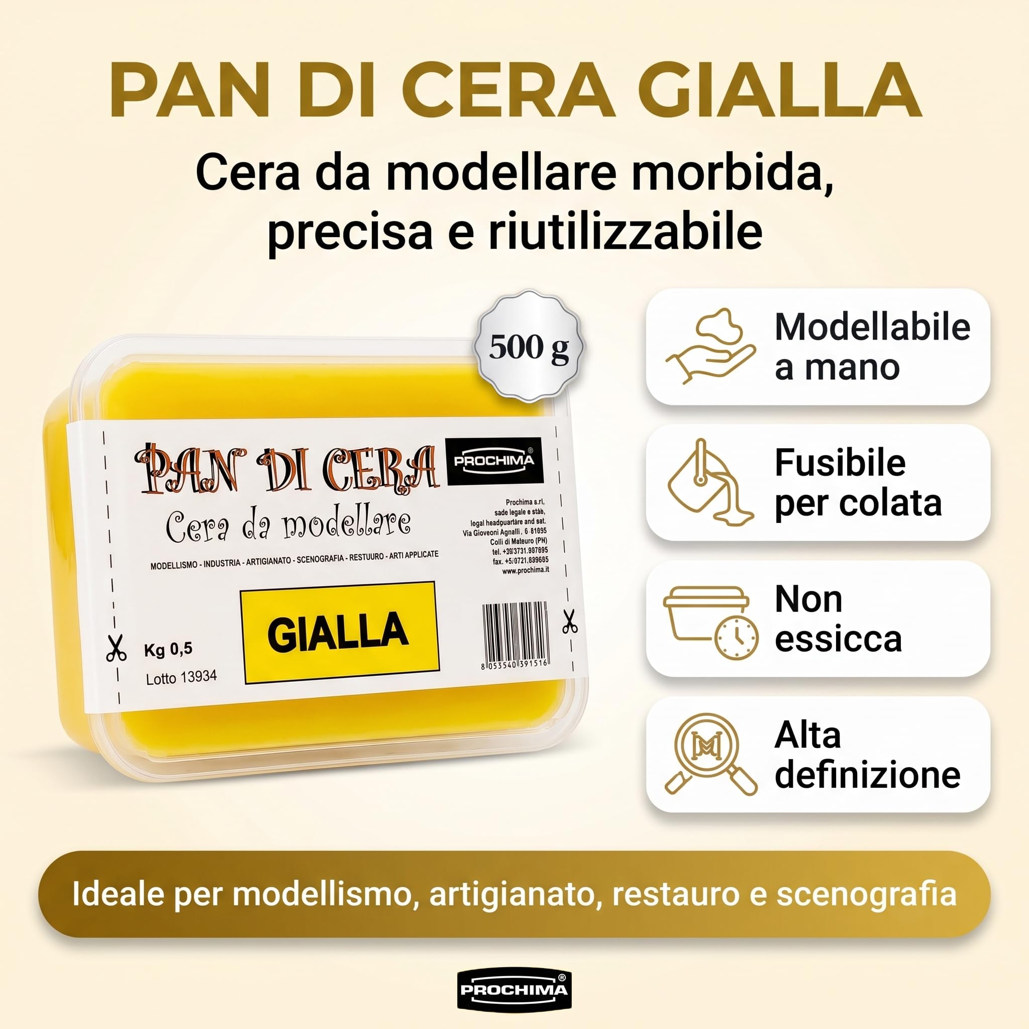 prochima-pan-di-cera-gialla-500-g-pasta-dura-da-modellare-e-fusione image 2