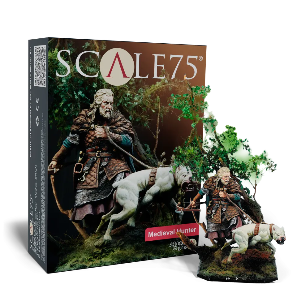 scale75-medieval-hunter-figura-in-metallo-bianco-75mm-fantasy-con-cane image 1